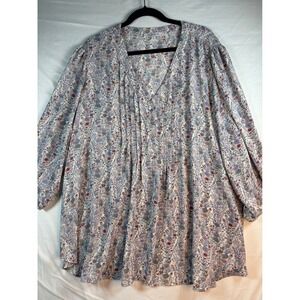 Rose + Olive Womens 3X Floral V-Neck Pintuck Long Sleeve Button Blouse Blue Pink